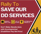 Rally to save our dd services. graphic of person in wheel chair, adult and child