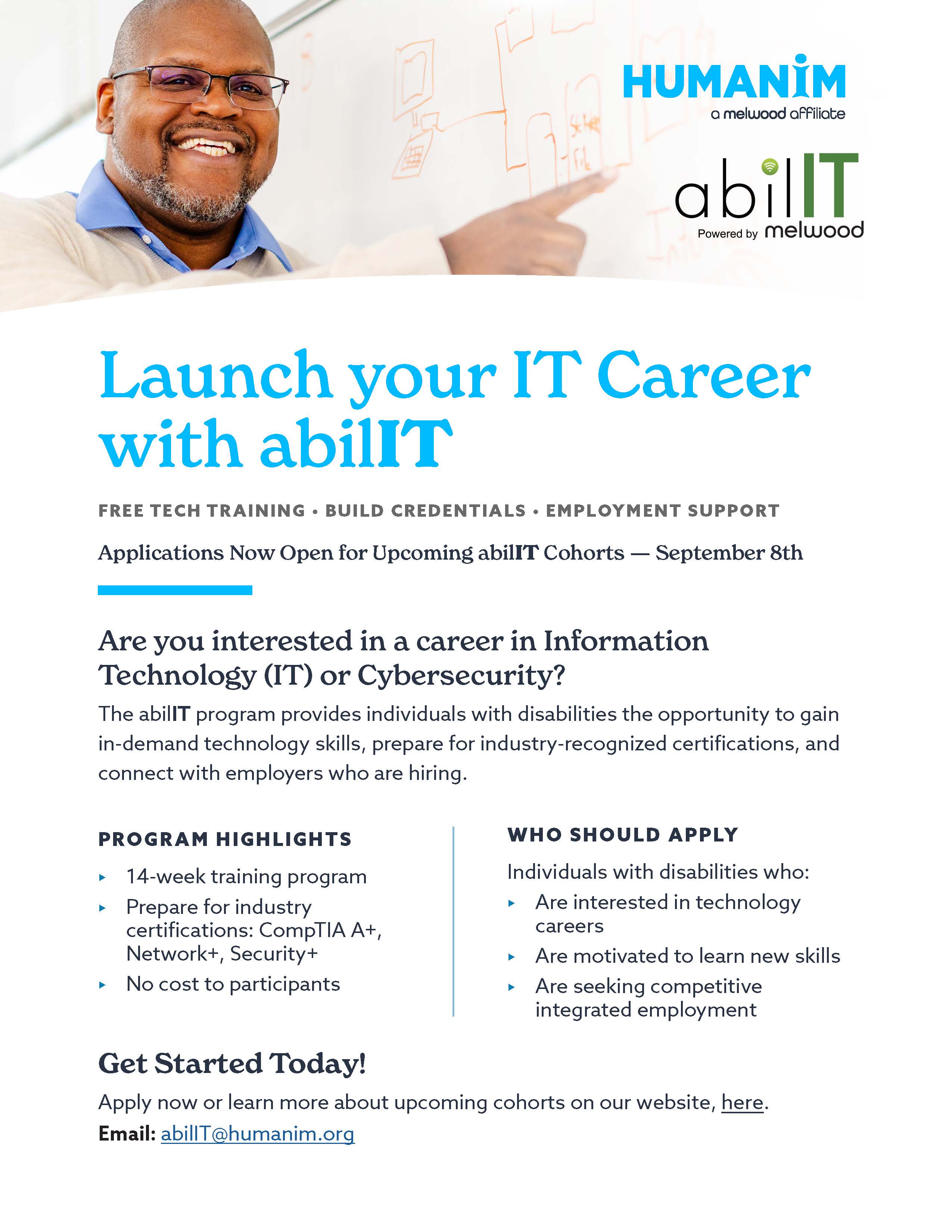 Launch your IT career with AbilIT. Humanim, a melwood affiliate. abilIT, powered by Melwood.