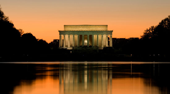 Lincoln Memorial at sunset with water reflecting
