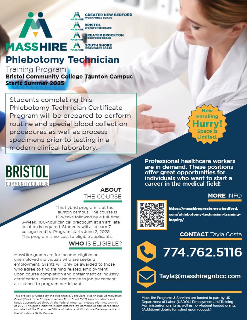 Phlebotomy Technician Training Program Bristol Community College Taunton Campus Starts Summer 2025 image of flyer