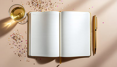 an open blank book laying on a table with sparkles and a glass of champagne