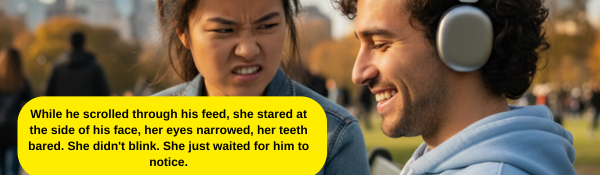 Close-up of two people sitting outdoors in a park. A smiling man wearing over-ear headphones looks down at his phone while a woman beside him glares intensely at him with narrowed eyes and a tense expression. A yellow text bubble overlays the image with a narrative caption describing her anger as he scrolls through his feed, unaware of her reaction.