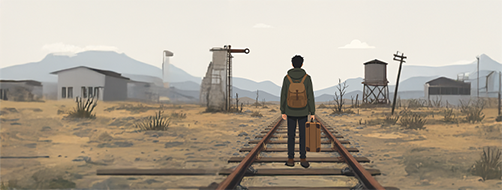 llustration of a person with a backpack standing on railroad tracks in a desert-like landscape, facing a small, distant town with mountains in the background.