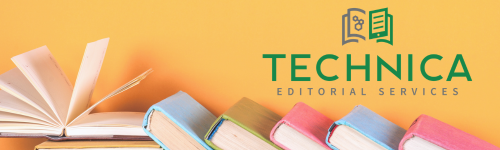 Technica Editorial Services banner with an open book and several colorful books against a warm yellow-orange background, featuring the Technica logo on the right.