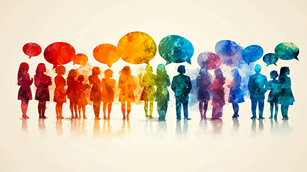 Watercolor-style illustration of a diverse crowd of silhouetted people standing together with colorful speech bubbles above them.