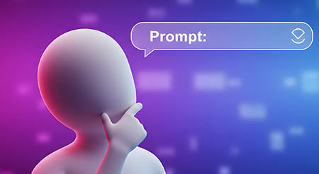Illustration of a 3D figure thinking while looking at a speech bubble labeled &ldquo;Prompt:&rdquo; against a purple and blue digital background.