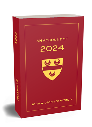 3D rendering of a red book titled An Account of 2024 by John Wilson Boynton, IV, featuring a gold crest and border on the cover.