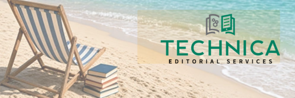 Technica Editorial Services logo over a beach scene with a striped chair and stack of books beside the ocean.