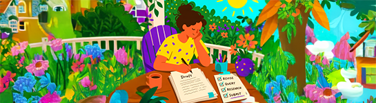 Colorful illustration of a writer seated outdoors in a bright summer garden, working on pages beside a sign about using the summer months wisely.