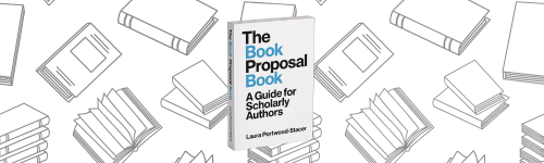Cover of The Book Proposal Book: A Guide for Scholarly Authors shown against a light gray background with illustrated books and papers.
