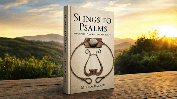 3D book mockup of Slings to Psalms displayed on a wooden surface with mountains and a sunrise in the background.