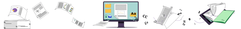 Wide banner illustration showing a publishing workflow, with printed pages, a computer screen with layout and design elements, scattered documents, and a finished file folder.