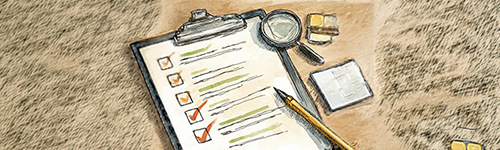 Illustrated clipboard with a completed checklist, magnifying glass, pencil, eraser, and sticky notes arranged on a textured desk.
