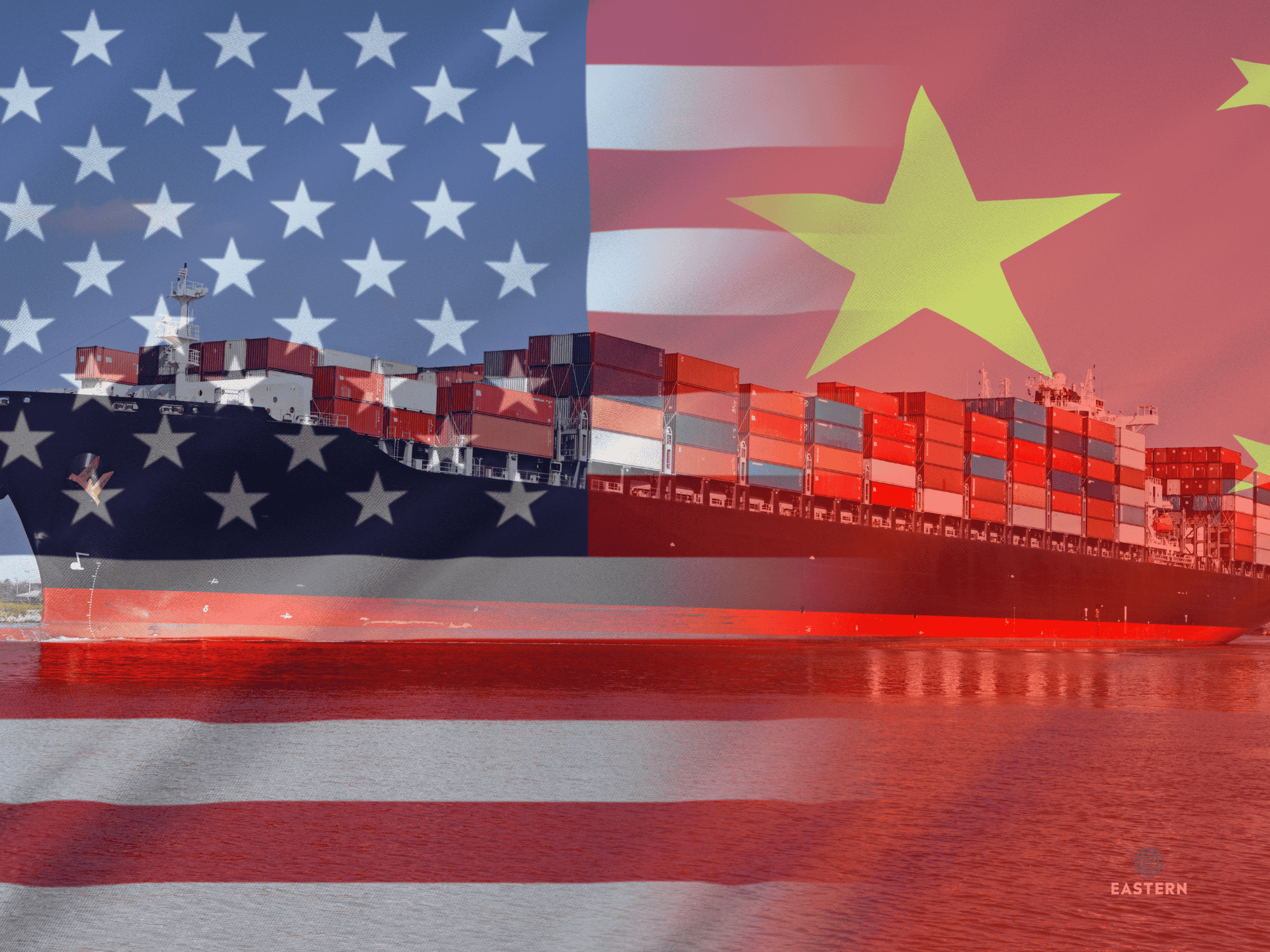 Cargo Vessel with US & Chinese Flag Overlay