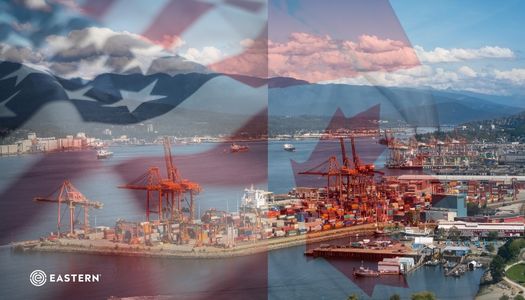 US & Canada Flags over image of Port of Vancouver
