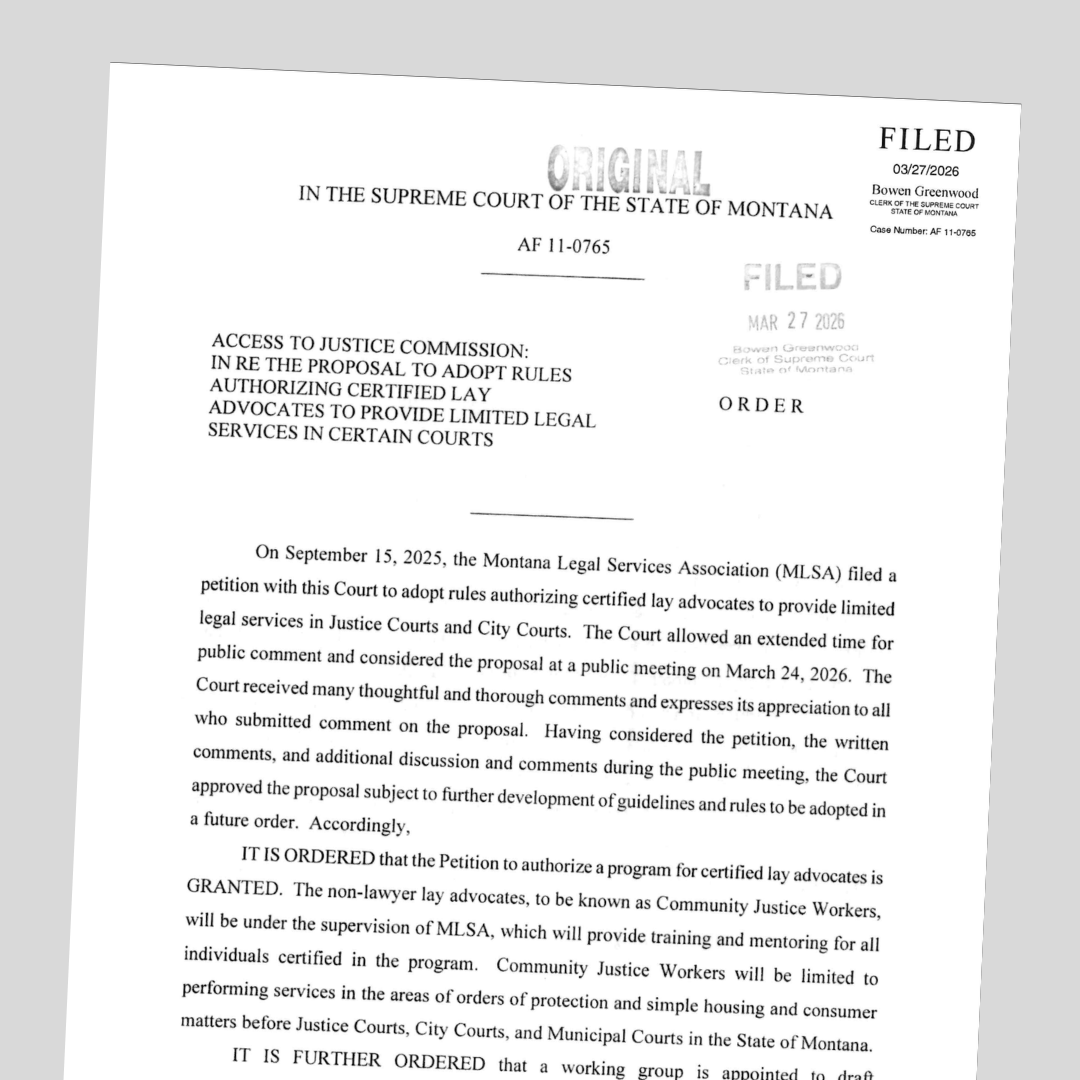 Front page of Montana's approved court order