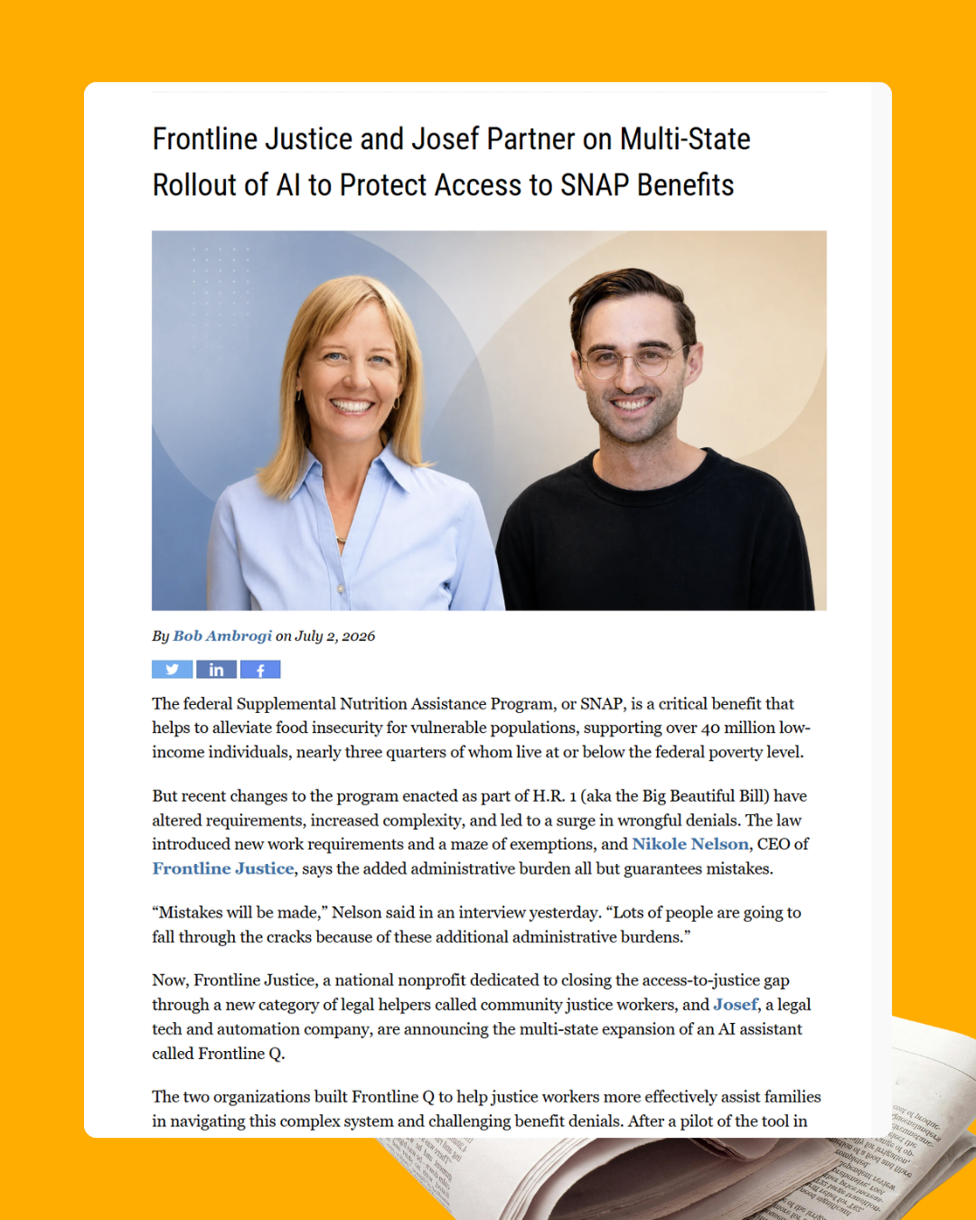 Screenshot of a press release feature about Frontline Justice and Josef partnering for a multi-state rollout of a human-moderated AI tool.