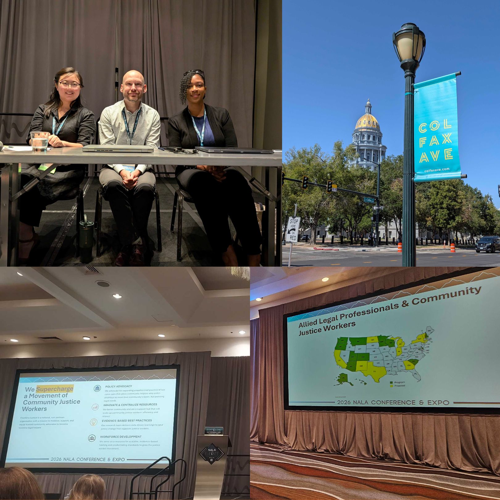 Photo collage of Frontline Justice team attending the NALA Elevate Conference.