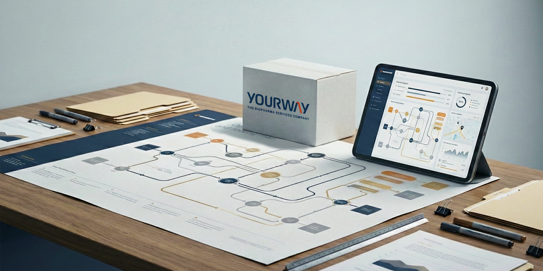 Workspace with a Yourway shipping box, logistics workflow map, and tablet dashboard, illustrating coordinated clinical supply planning and visibility.