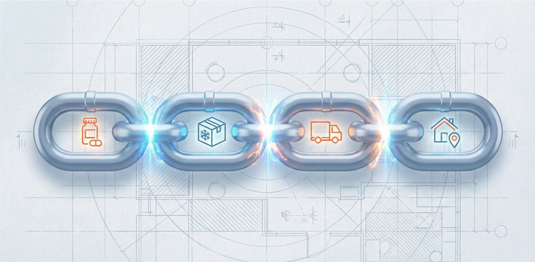 Metal chain links with logistics icons representing connected services across the clinical supply chain from shipment preparation to final delivery.