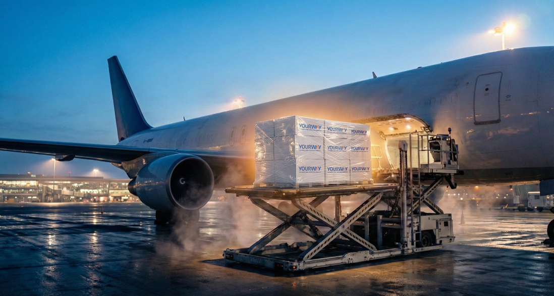 Shipment pallets being loaded onto a cargo aircraft at an airport, illustrating global transport of clinical supplies.