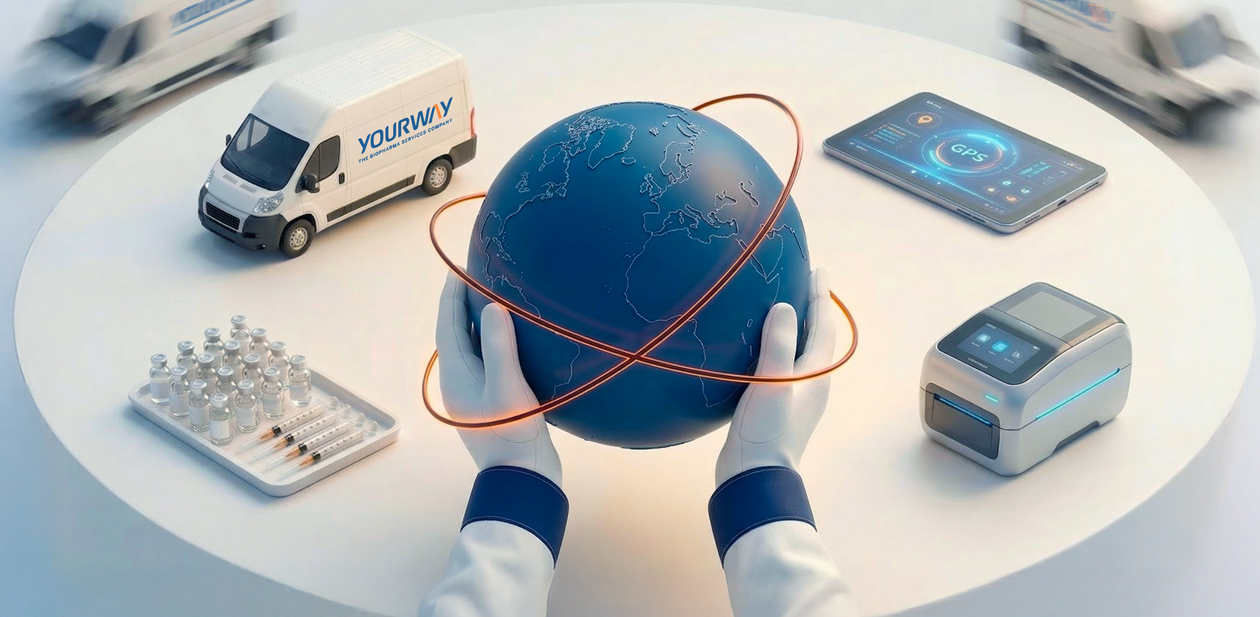 Gloved hands holding a globe surrounded by clinical shipment elements including a delivery van, medication tray, monitoring devices, and digital tracking tools, representing coordinated global logistics.