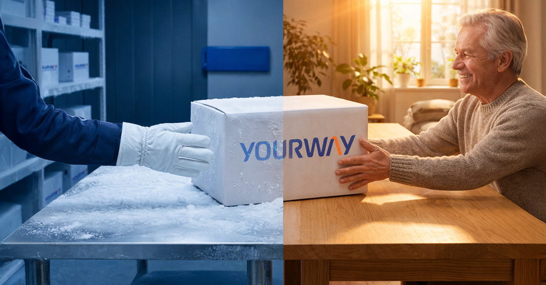 Split image showing a gloved hand handling a frozen shipment in cold storage on one side and a patient receiving the package at home on the other, representing end-to-end temperature-controlled delivery.