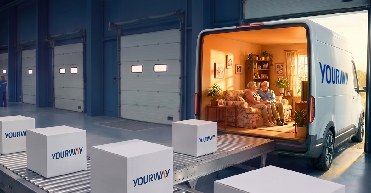 Yourway delivery van parked in a warehouse with its interior transformed into a warm home setting where a couple is seated, illustrating the connection between clinical logistics and patient life at home.