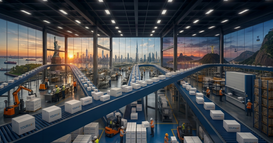 Large-scale logistics facility with conveyor systems moving Yourway shipment boxes across a globally connected distribution network