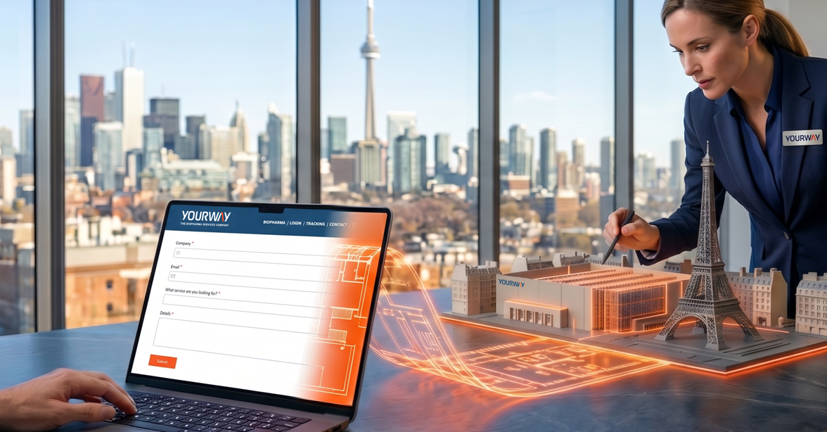 Professional reviewing a global logistics and infrastructure model beside a digital planning interface, representing strategic coordination and international clinical supply expansion