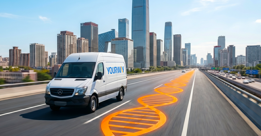 Yourway vehicle traveling along a DNA-shaped route, symbolizing global infrastructure and logistics support for advanced therapies.