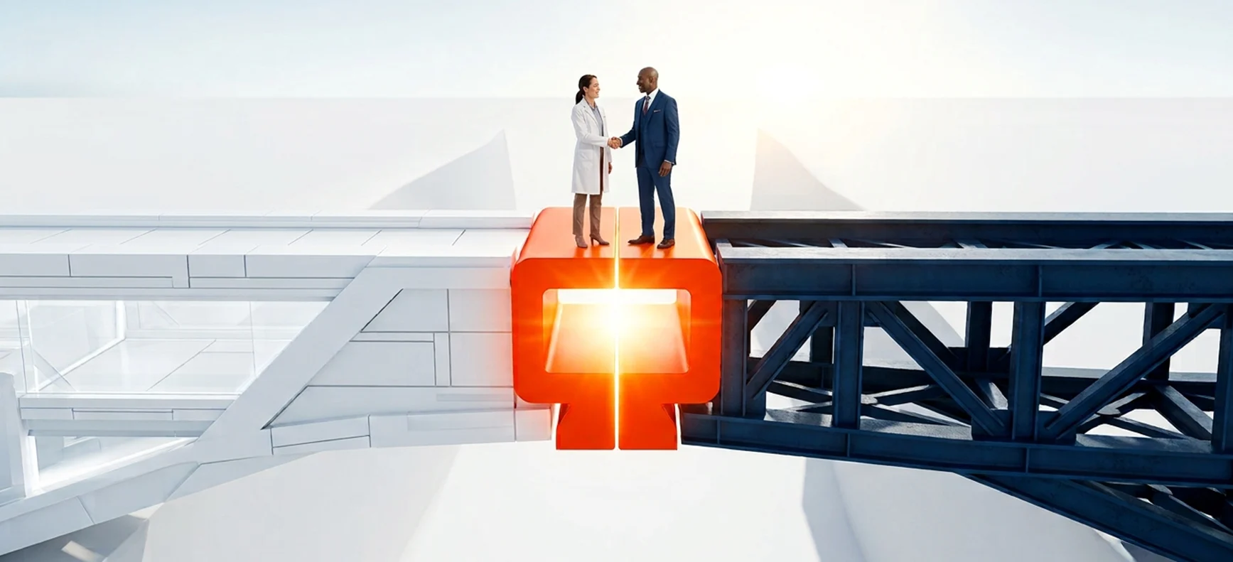 Healthcare and business professionals shaking hands on a bridge, representing collaboration and trusted partnerships in clinical logistics.