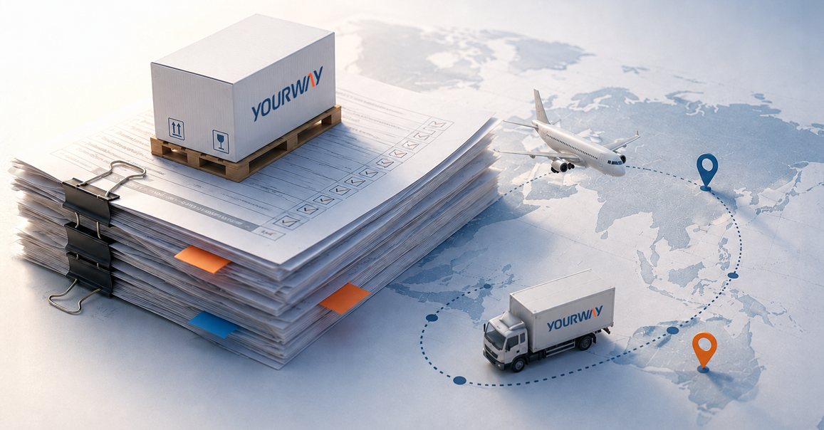 Yourway shipment with planning documents and global transport routes, representing coordinated clinical supply planning.