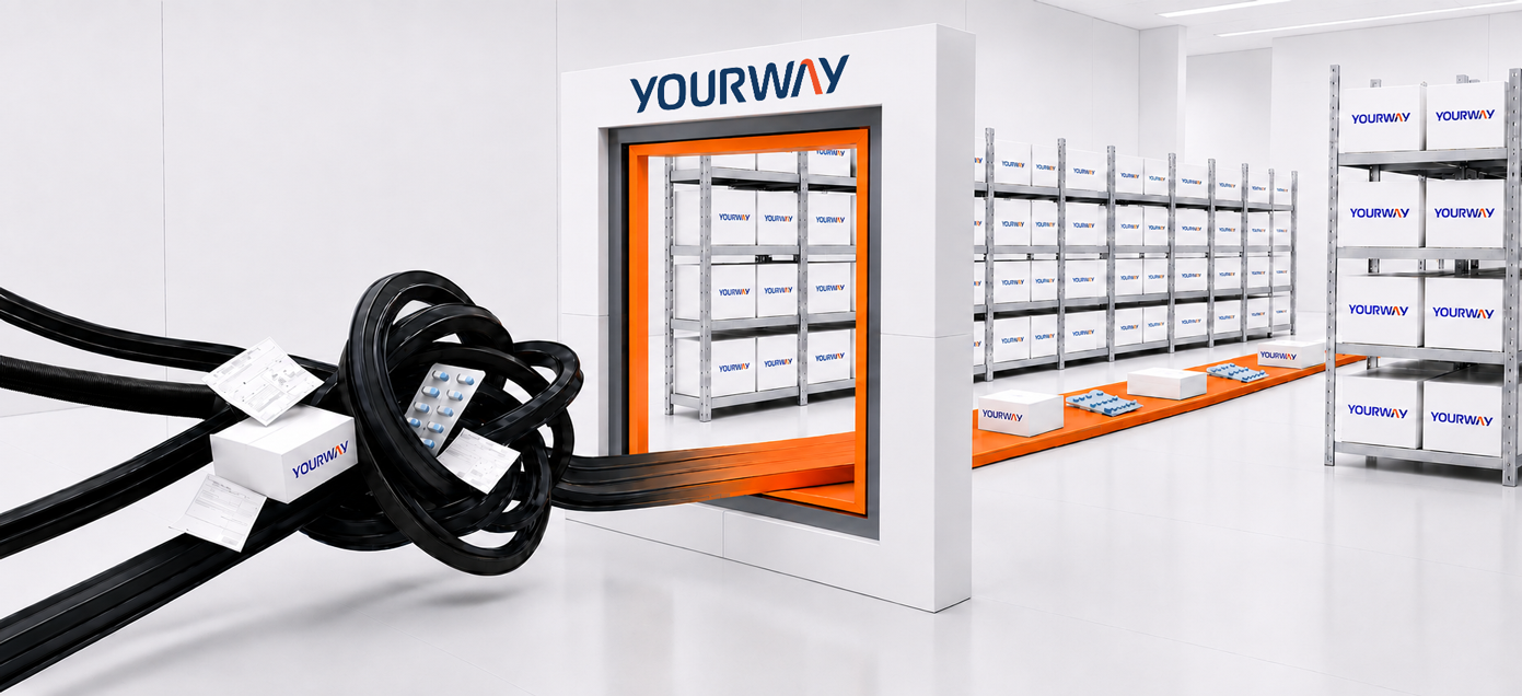 Tangled clinical supply pathways becoming organized through Yourway, representing complexity made simple.