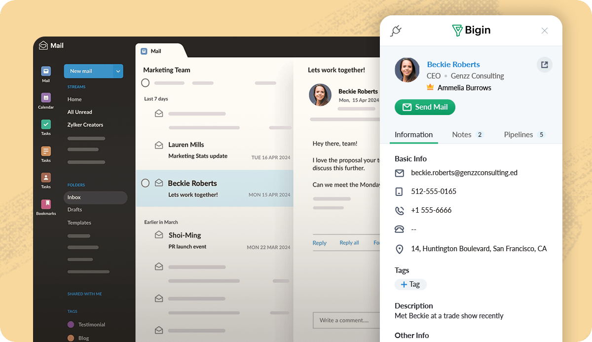 Access senders' Bigin details in Zoho Mail