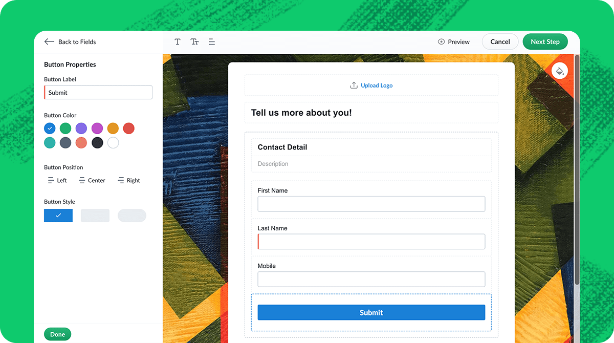 Customize the form background, sections, logo, and buttons in Bigin