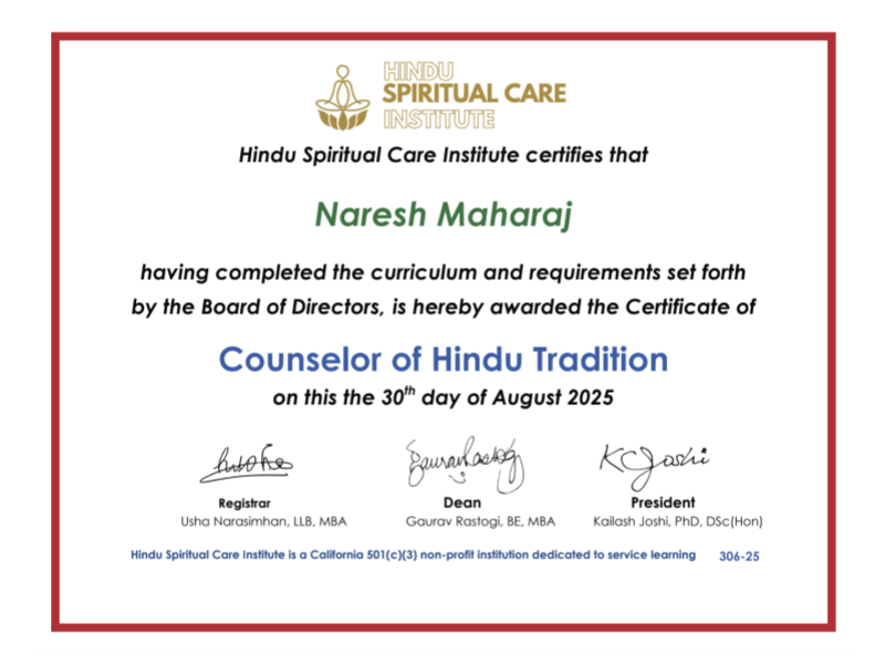 Sample Counselor of Hindu Tradition certificate