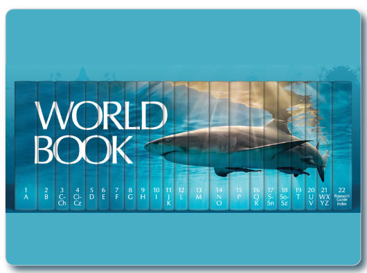 World Book Encyclopedia volume with a shark on the spines