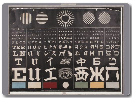 Multi-lingual eye test chart with letters and graphics