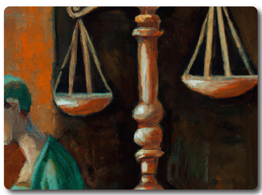 a classic oil painting of an anthropomorphized AI on one side of the justice scales with a book on the other side of the scales