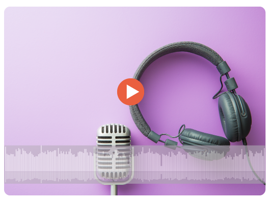 vintage microphone and headphones on lavender background with a centered play button