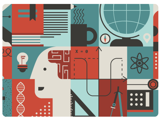 graphic collage with items designating science like an atom, a lightbulb, DNA chain, math equation.