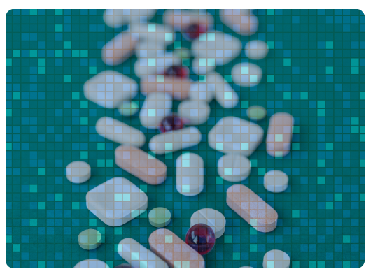 graphic collage with items designating science like an atom, a lightbulb, DNA chain, math equation.