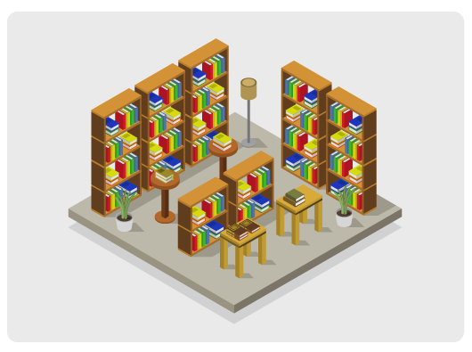 Graphic drawing depicting a library room with stacks of books and journals