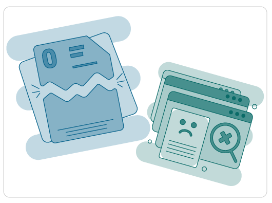 Graphic drawings of a broken document indicating no information nor content and a graphic representing a website with information inaccessible.