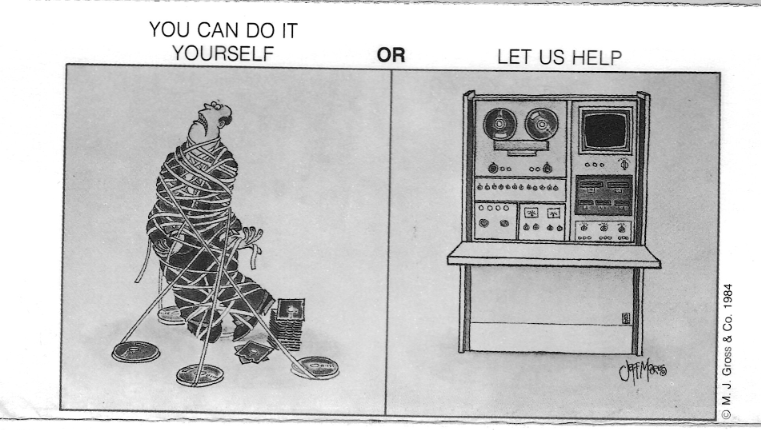 Graphic from 1984 for DCL marketing campaign with a man tied up in microfiche film with a caption that states