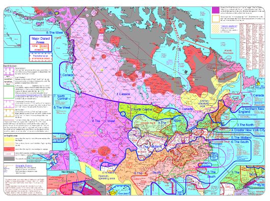 Complex map of the United States and Canada that details North American English dialects