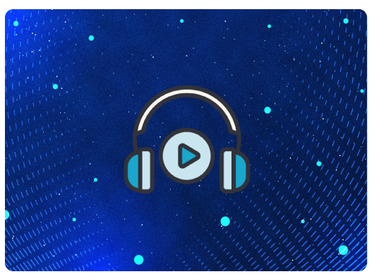 Graphic representation of technology background with headphones and play symbol denoting a podcast