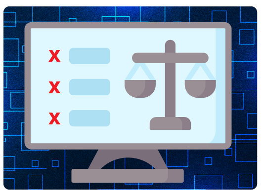 Computer screen showing false claims marked with red Xs beside justice scales