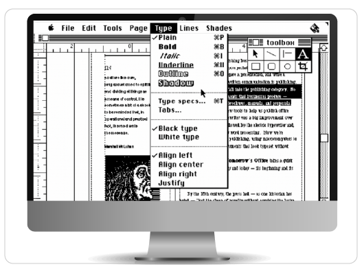 Contempory computer screen with the old interface from Aldus Pagemaker in the 1980s.